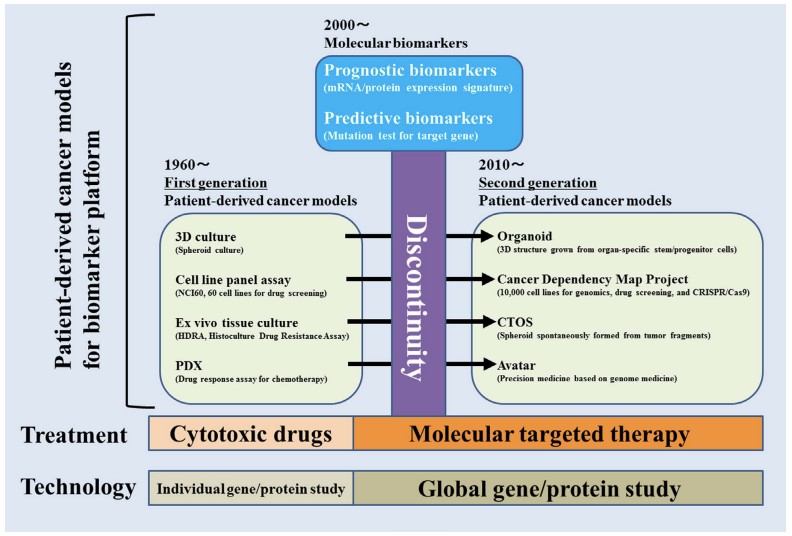 Contrasts between past and present patient-derived cancer models.